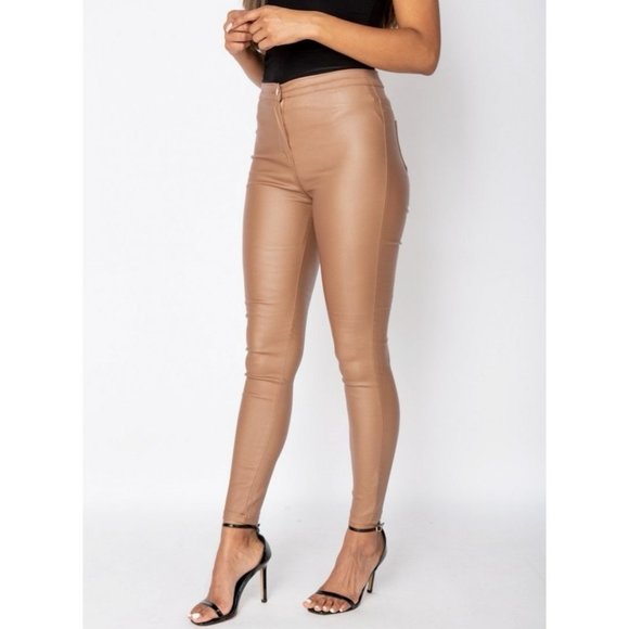 Camel Vegan Leather Faux Leather Coated High Waist Skinny Pants - Picture 7 of 9